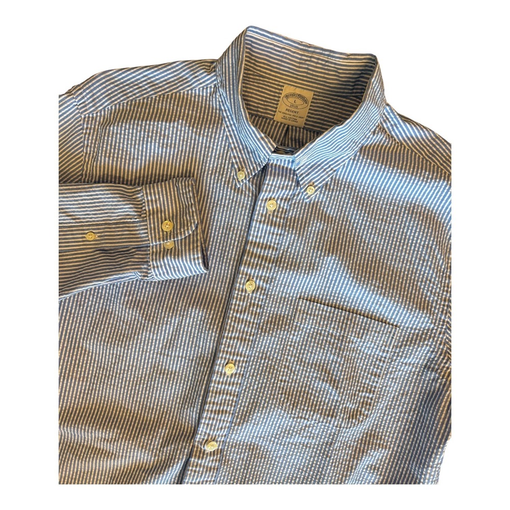 Brooks Brothers Regent Fit Seersucker Striped Button Down Shirt Blue White L